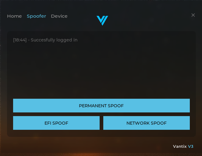Vantix V3 spoofer interface showing permanent spoof, EFI spoof, and network spoof options
